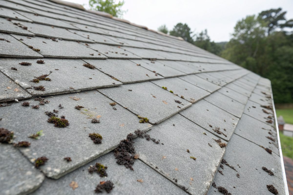 Moss and dark algae spots on an aging gray shingle roof in a humid climate