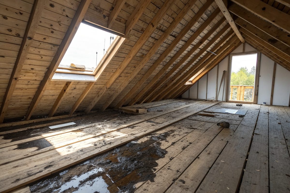 An attic with water-stained floor boards and daylight coming through the roof deck
