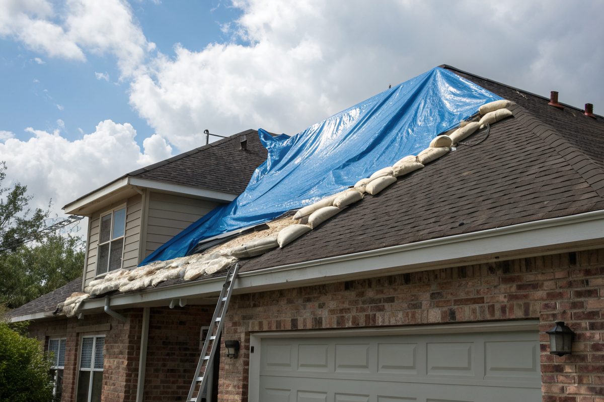 A blue tarp held down with sandbags over a damaged section of a brick home's shingle roof