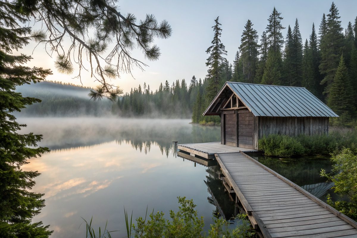 A small boathouse with a metal roof at the end of a wooden dock on a misty lake