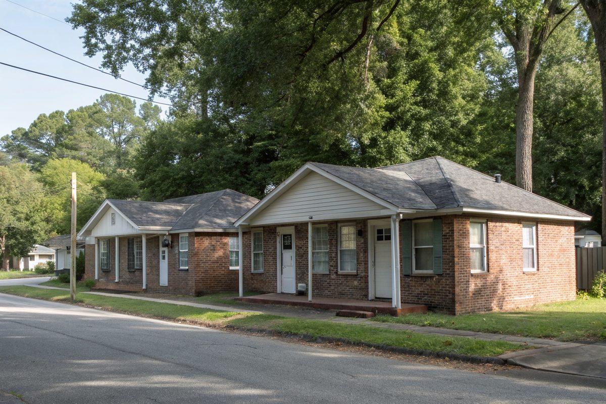 Two small one-story brick duplexes with gray shingle roofs on a shady street