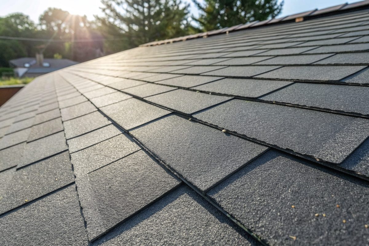 Close view of new charcoal architectural shingles in bright sun