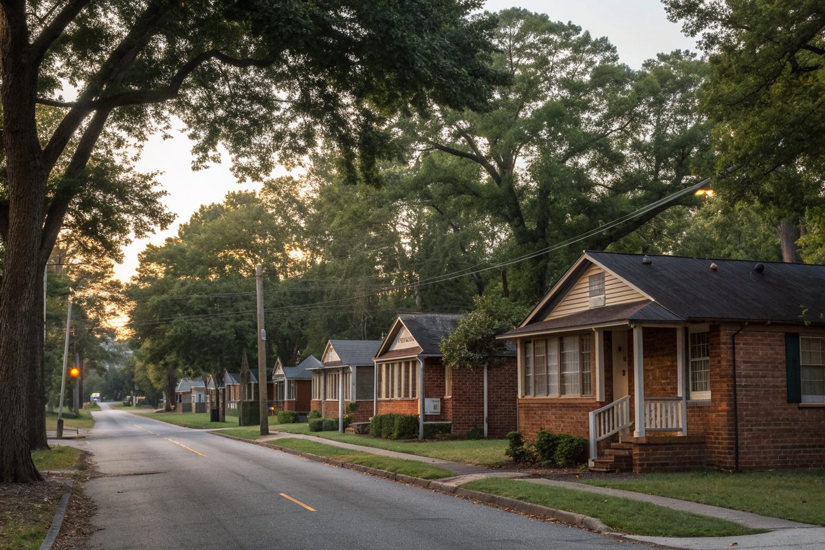Small brick and wood-frame homes along a tree-lined street at dusk