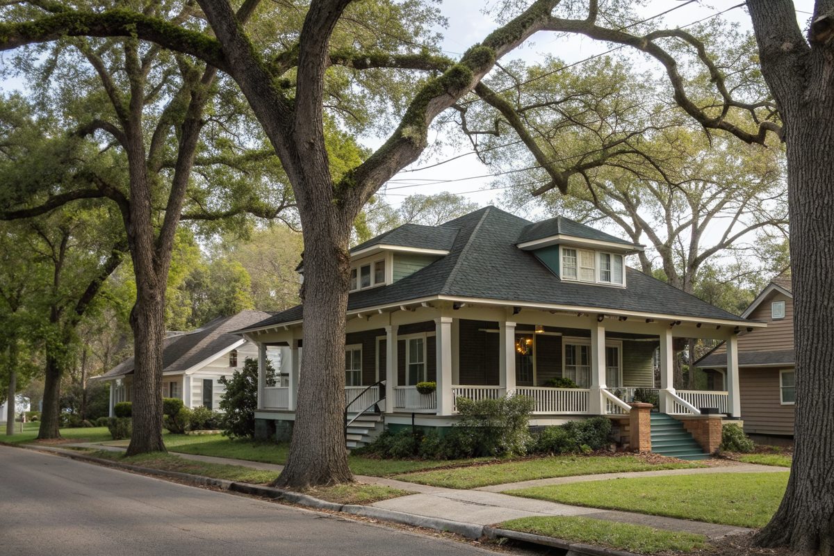 A craftsman bungalow with a wide porch and a dark green shingle roof under big trees