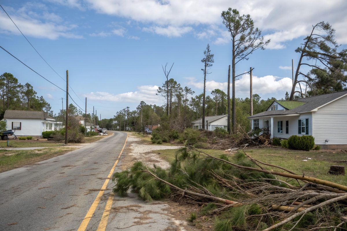 Downed pine trees and limbs along a small-town road after a hurricane