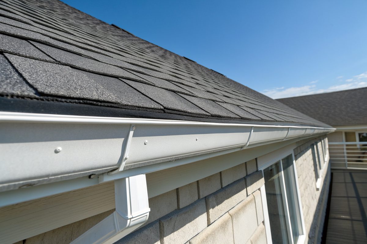 A metal drip edge and white gutter along the eave of a new charcoal shingle roof