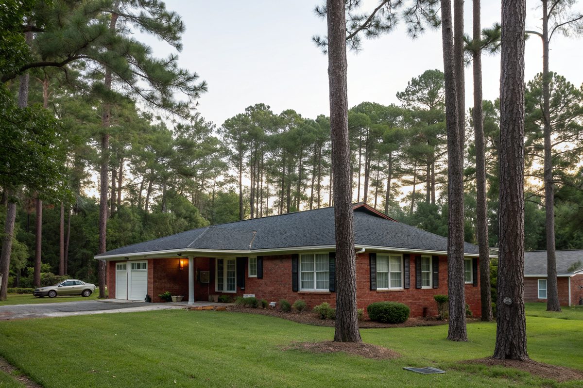 A red brick ranch house with a dark gray shingle roof among tall pine trees