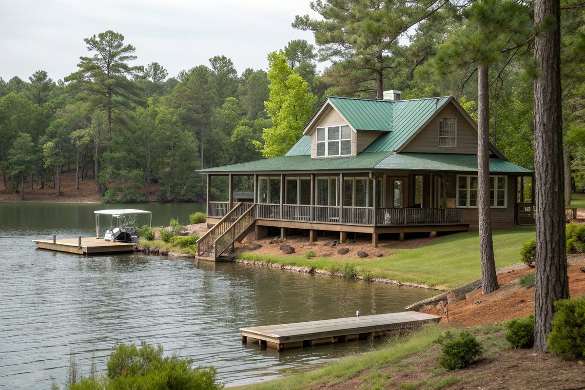 A lake house with a screened porch and green metal roof above a wooden dock