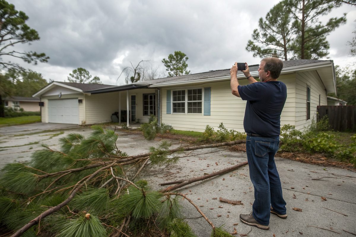 A homeowner photographing his roof with a phone after a storm, with pine limbs in the driveway