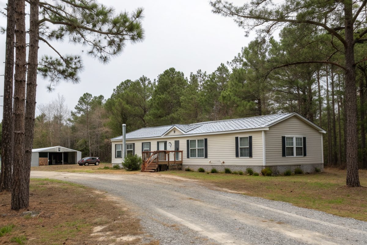 A manufactured home with a silver metal roof on a rural lot among pines