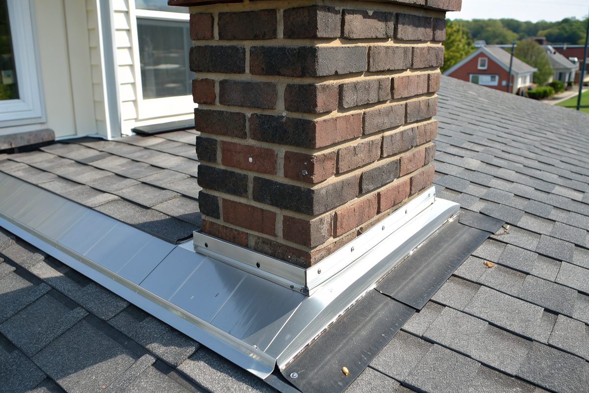 New metal flashing where a gray shingle roof meets a brick chimney