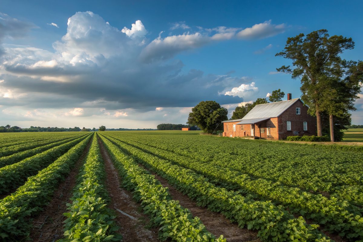 Rows of a green peanut field leading to a brick farmhouse under a big sky