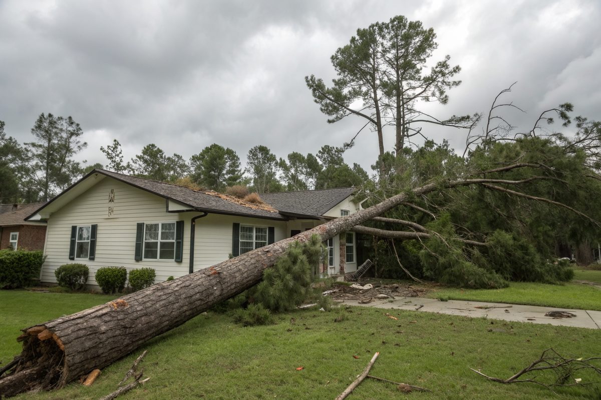 A large pine tree fallen across the roof of a one-story house after a storm