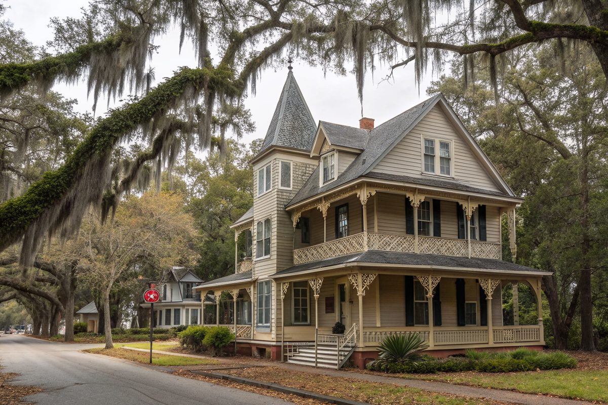 A restored Victorian house with a wraparound porch and gray shingle roof under moss-draped oaks