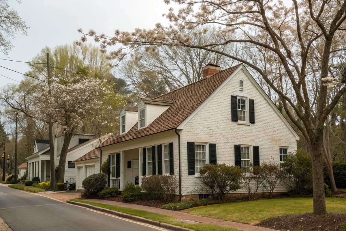 A white brick house with dormers and a light brown shingle roof on a quiet street