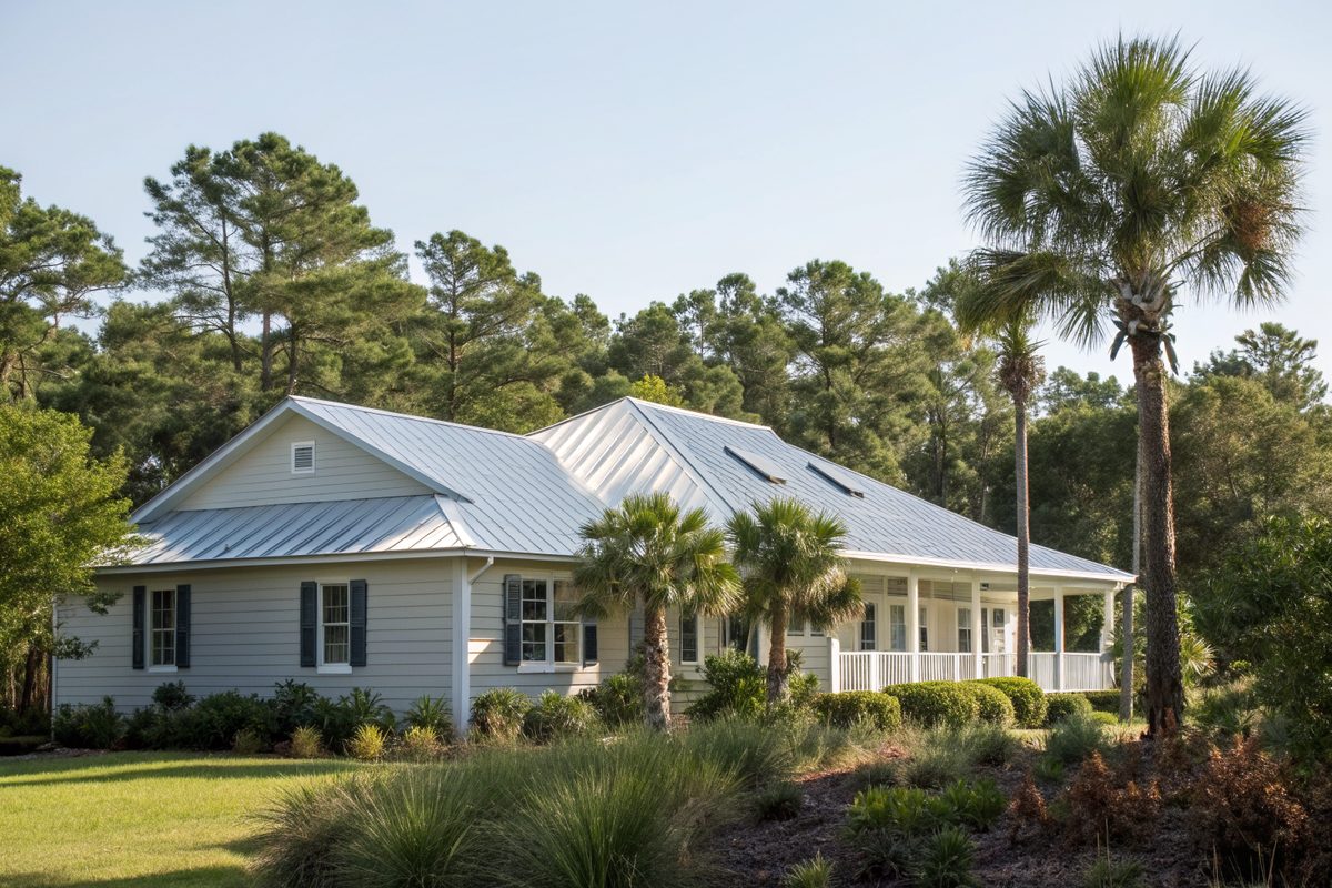 A one-story home with a white standing-seam metal roof among pines and palmettos