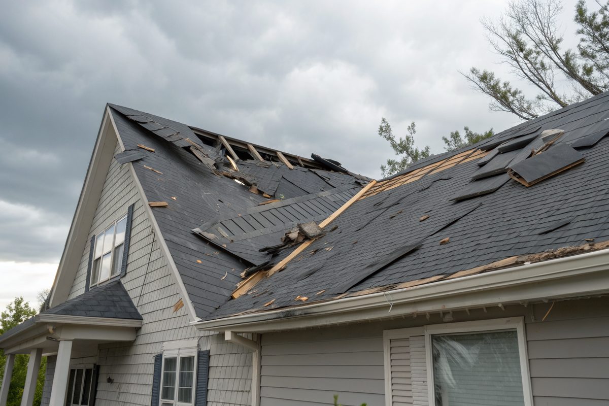 Wind-torn and missing shingles along the ridge of a gray roof