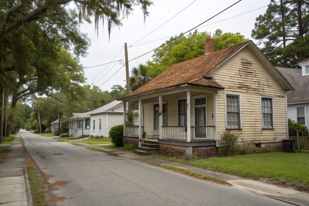 A small wood cottage with a front porch and a worn brown shingle roof